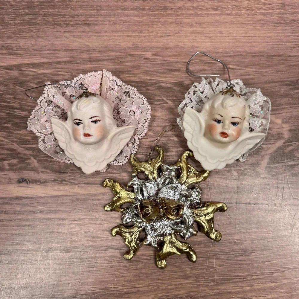 VTG Ceramic Cherub Angel Head Wings &‎ Sunburst Floral Christmas Ornaments Set